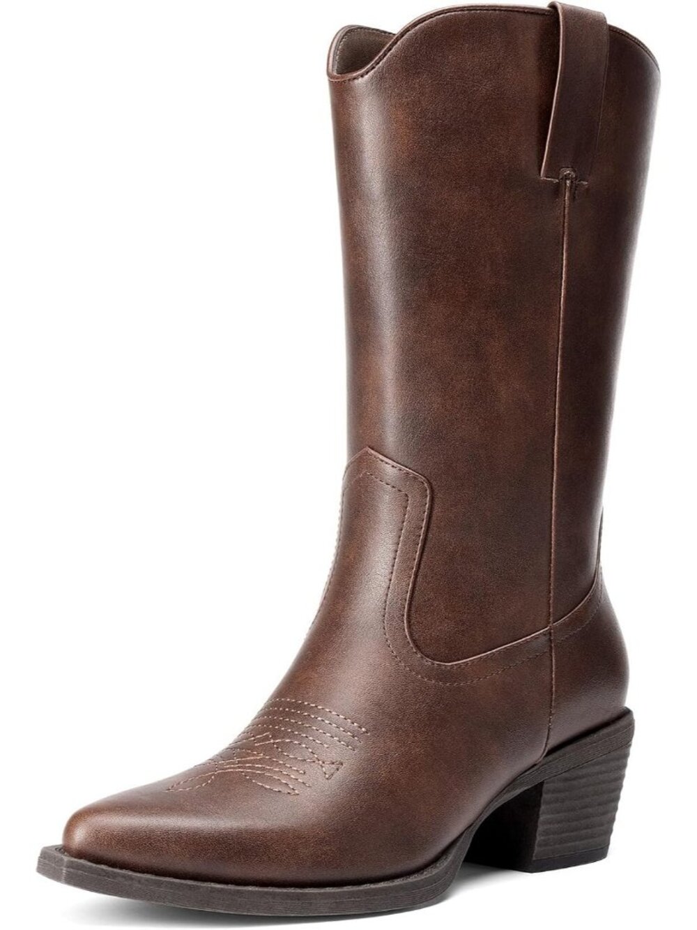 Dream Pairs Women's Brown Western Square Toe Mid Calf Cowboy Cowgirl Boots